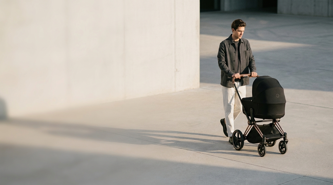 Forælder på tur med en Cybex premium-klapvogn i rosegold og sort